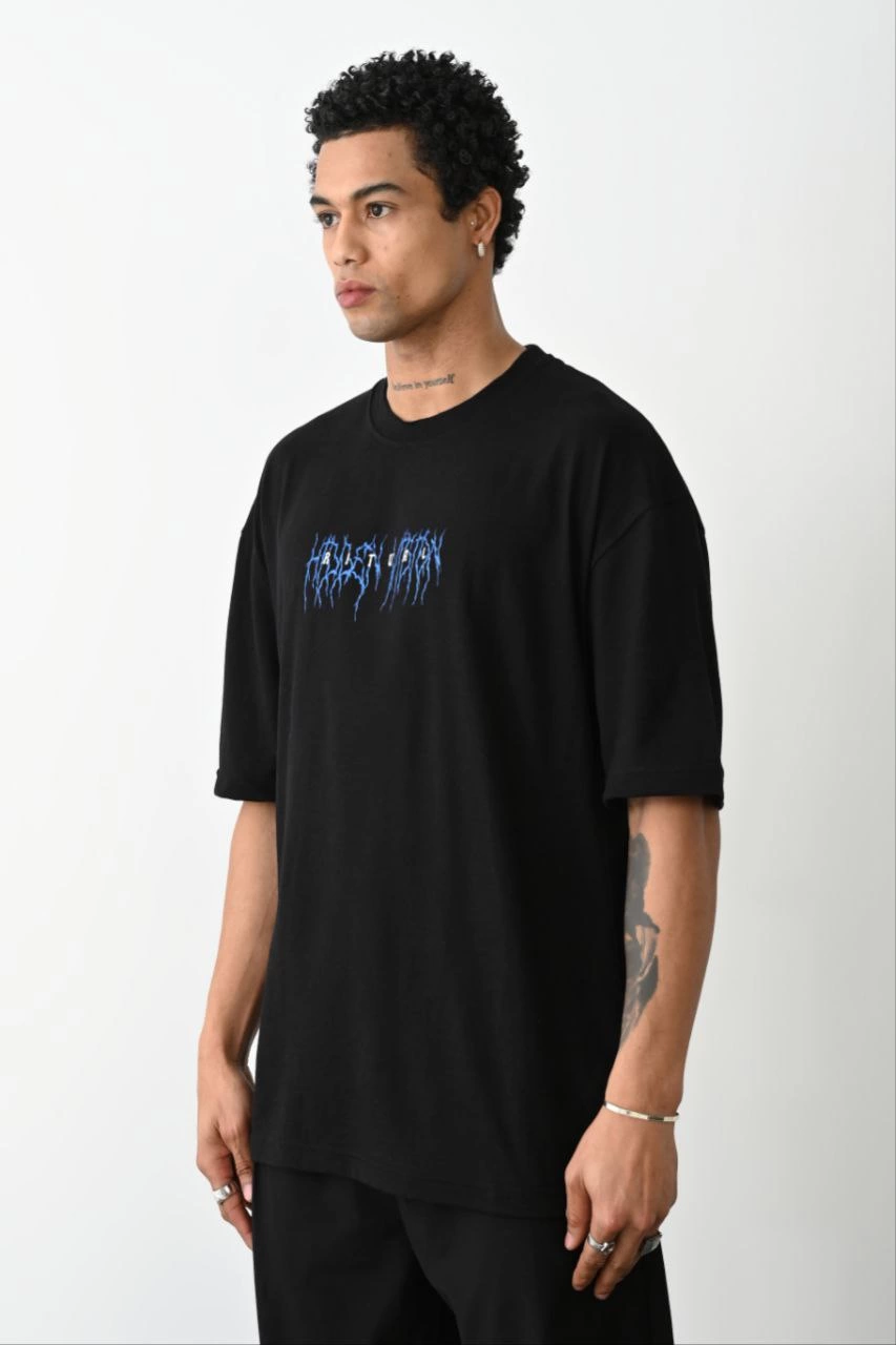 Erkek Baskılı Oversize  Kısa kol T-Shirt - Siyah
