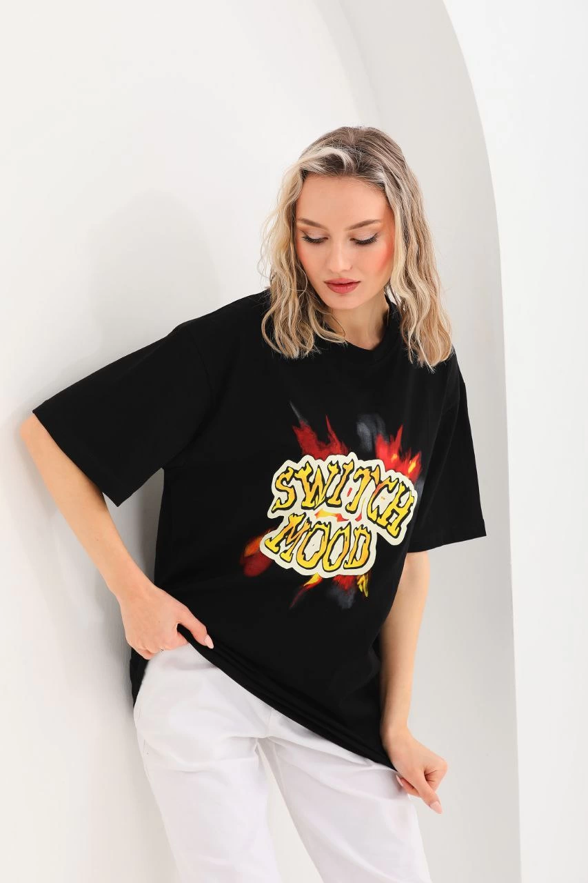 Kadın Kısa Kol Yazlık Tişört Bisiklet Yaka Ejderha Baskılı T-Shirt - Siyah