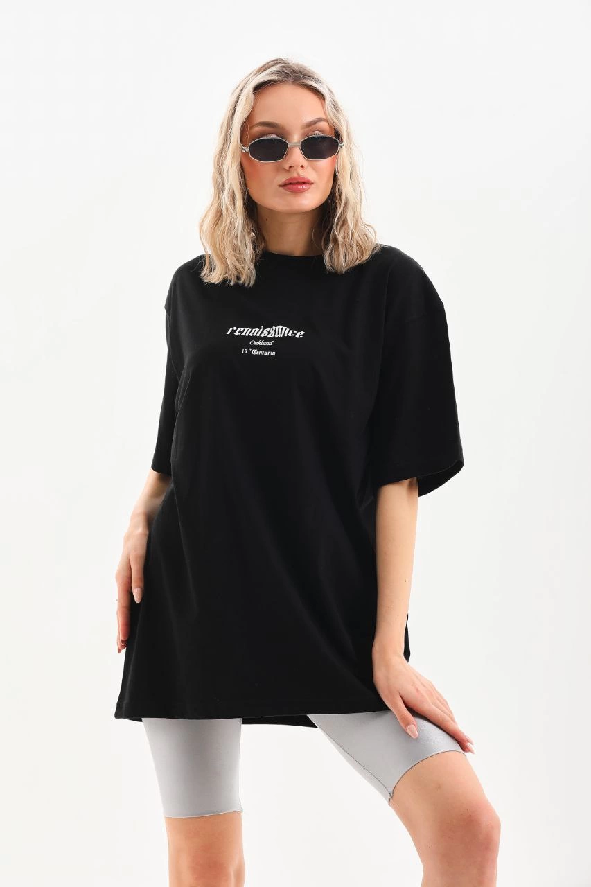 Kadın Baskılı Oversize Kısa kol  T-Shirt - Siyah