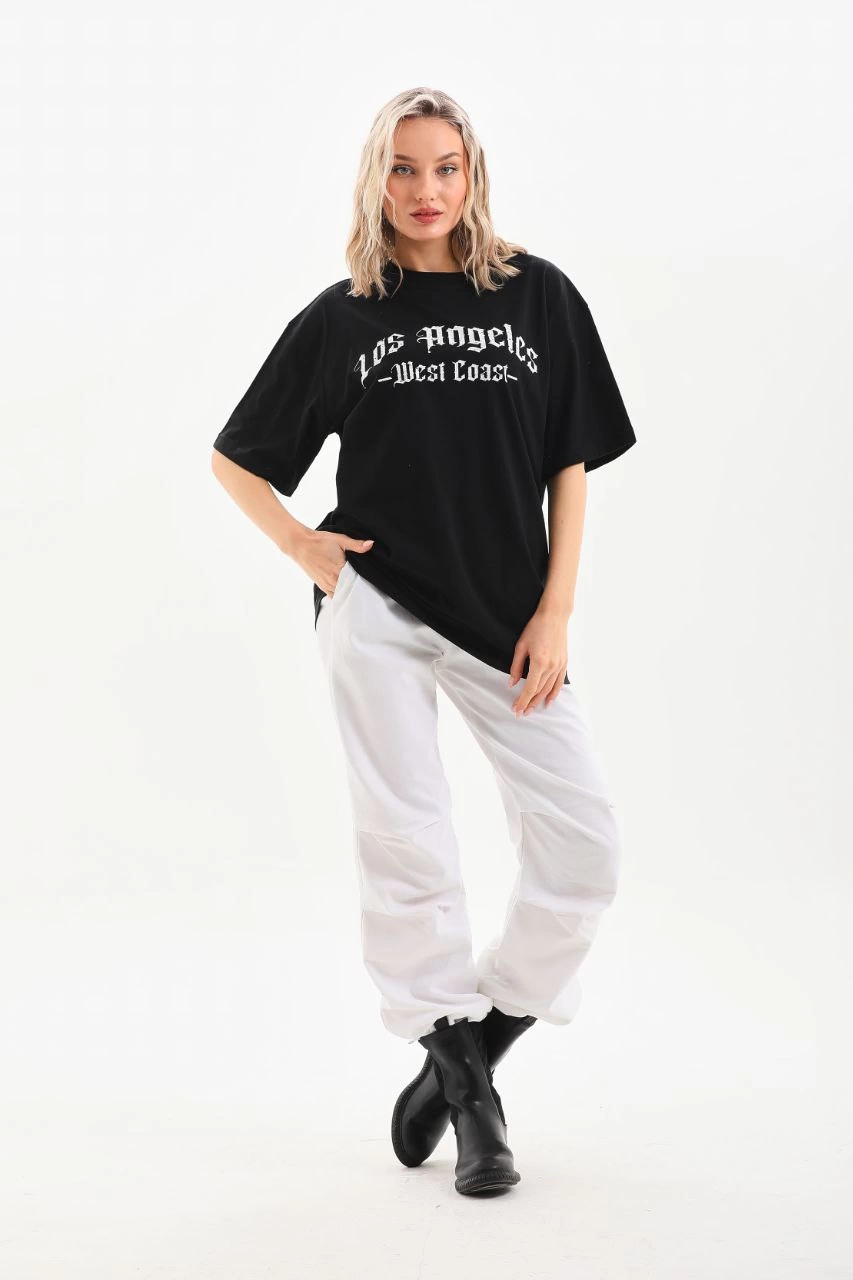 Kadın Baskılı Tişört Kısa Kol Bisiklet Yaka Oversize T-Shirt - Siyah