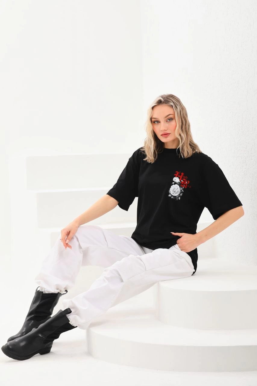 Kadın Kısa Kol Yazlık Tişört Bisiklet Yaka Baskılı Oversize T-Shirt - Siyah