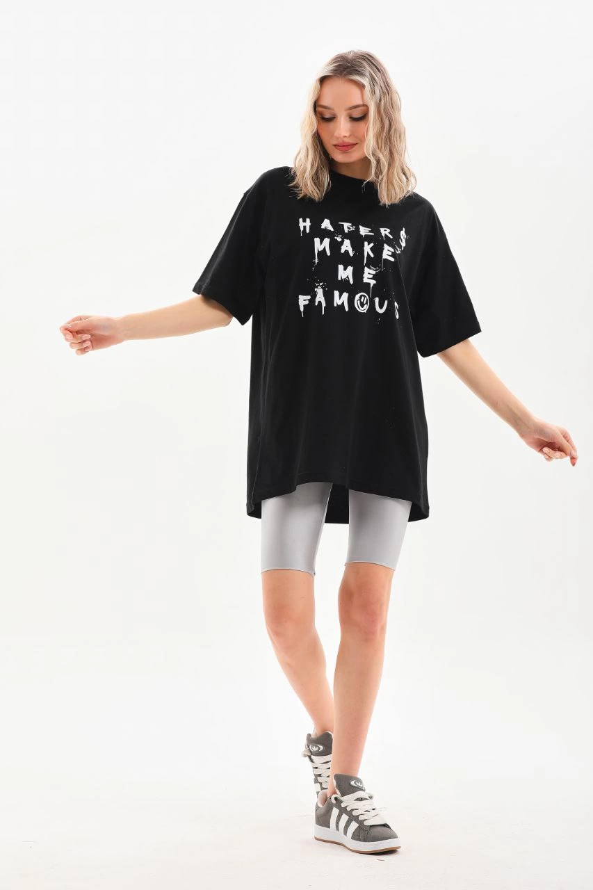Kadın Kısa Kol Yazlık Tişört Bisiklet Yaka Baskılı Oversize T-Shirt - Siyah