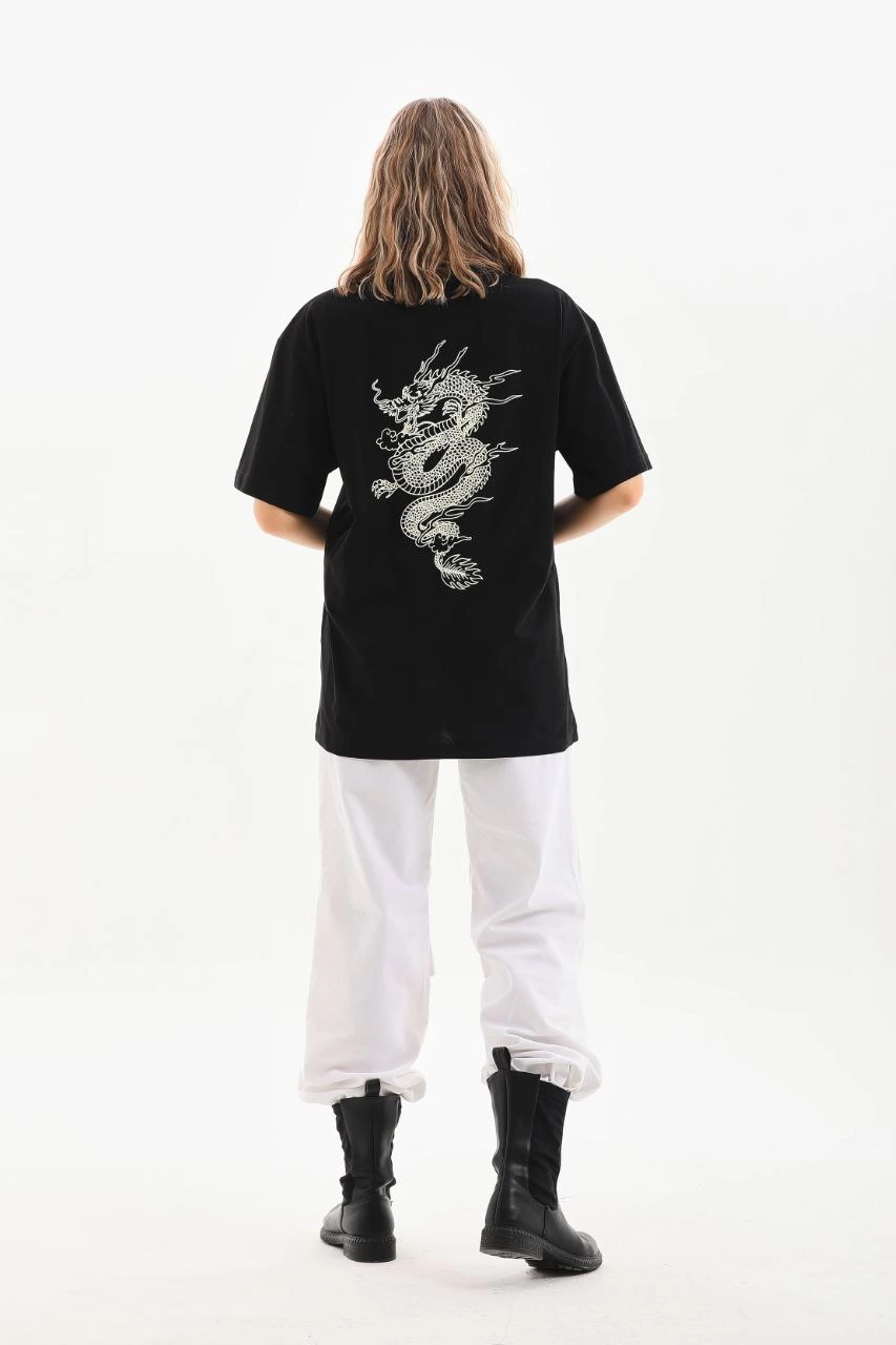 Kadın Kısa Kol Yazlık Tişört Bisiklet Yaka Ejderha Baskılı T-Shirt - Siyah