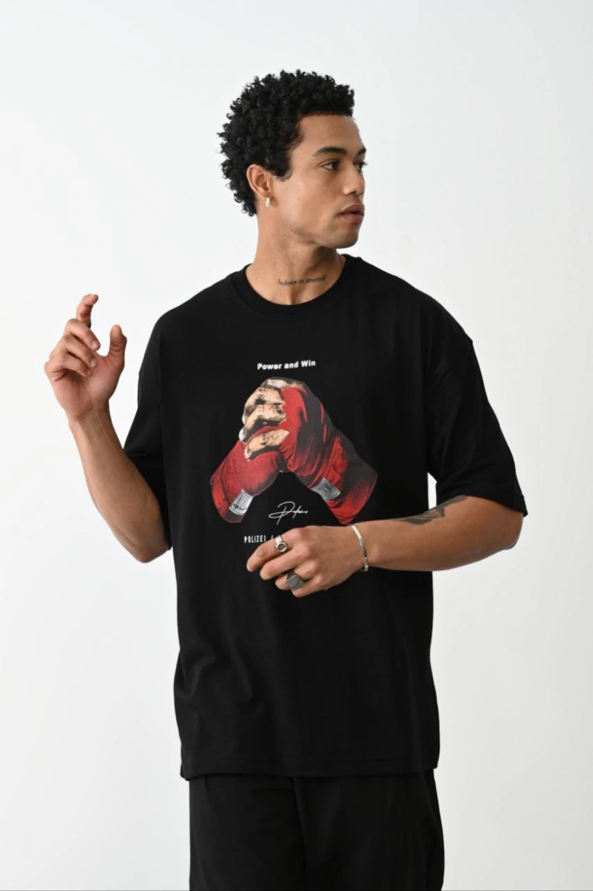Erkek Boxy Eldiven Baskılı T-Shirt Kısa Kol Bisiklet Yaka Tişört - Siyah