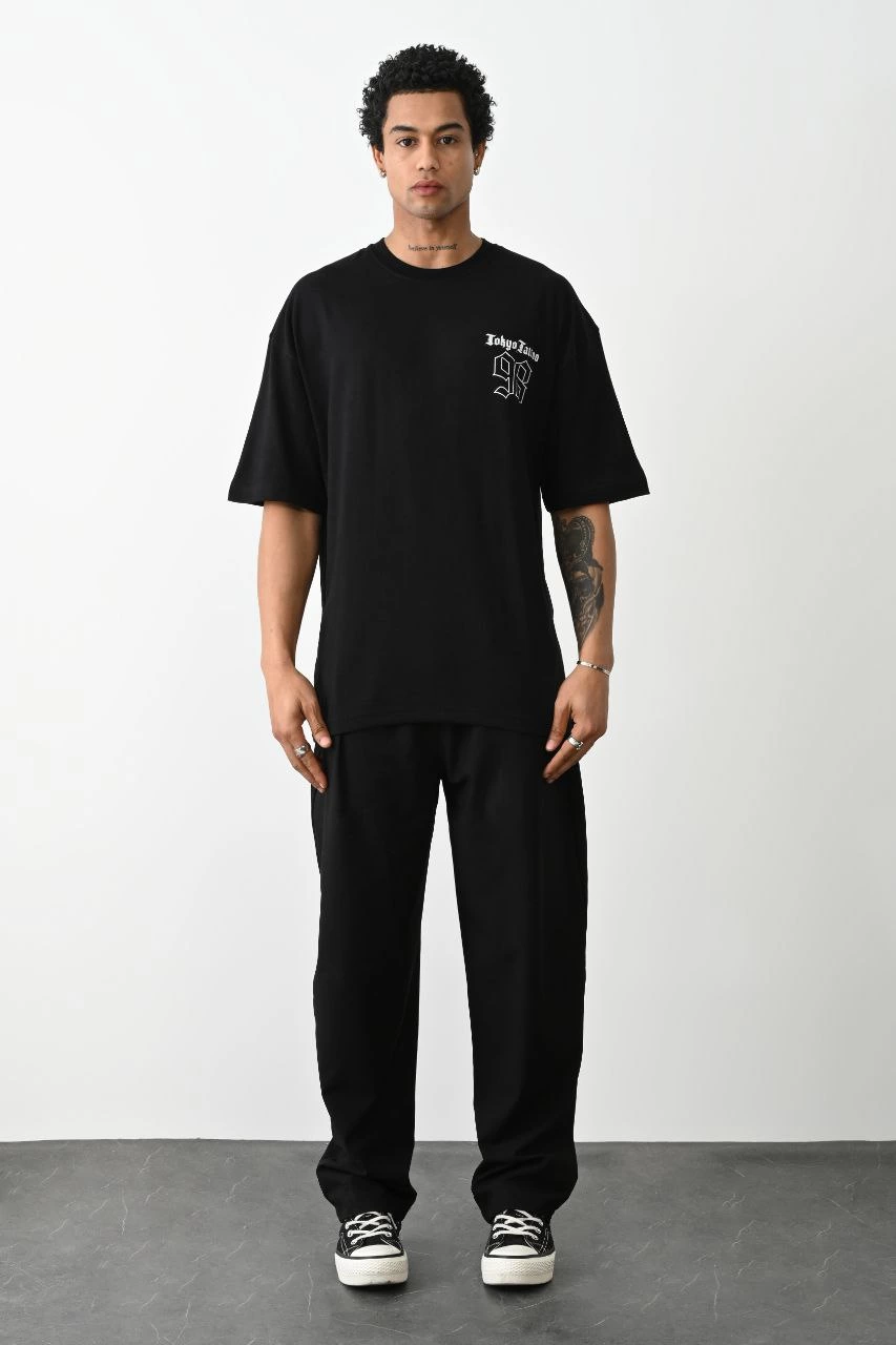 Erkek Kısa Kol Yazlık Tişört Bisiklet Yaka Baskılı Oversize T-Shirt - Siyah