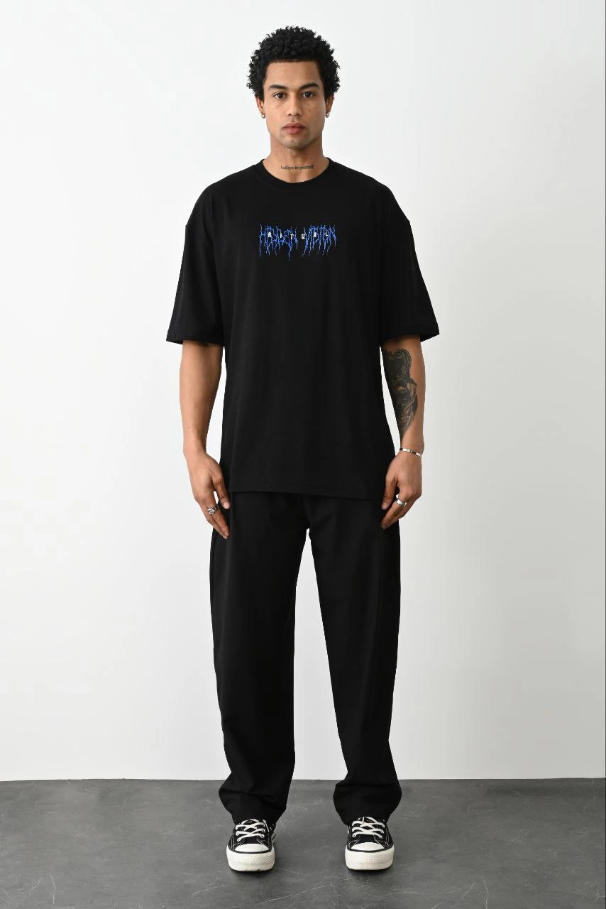 Erkek Baskılı Oversize  Kısa kol T-Shirt - Siyah