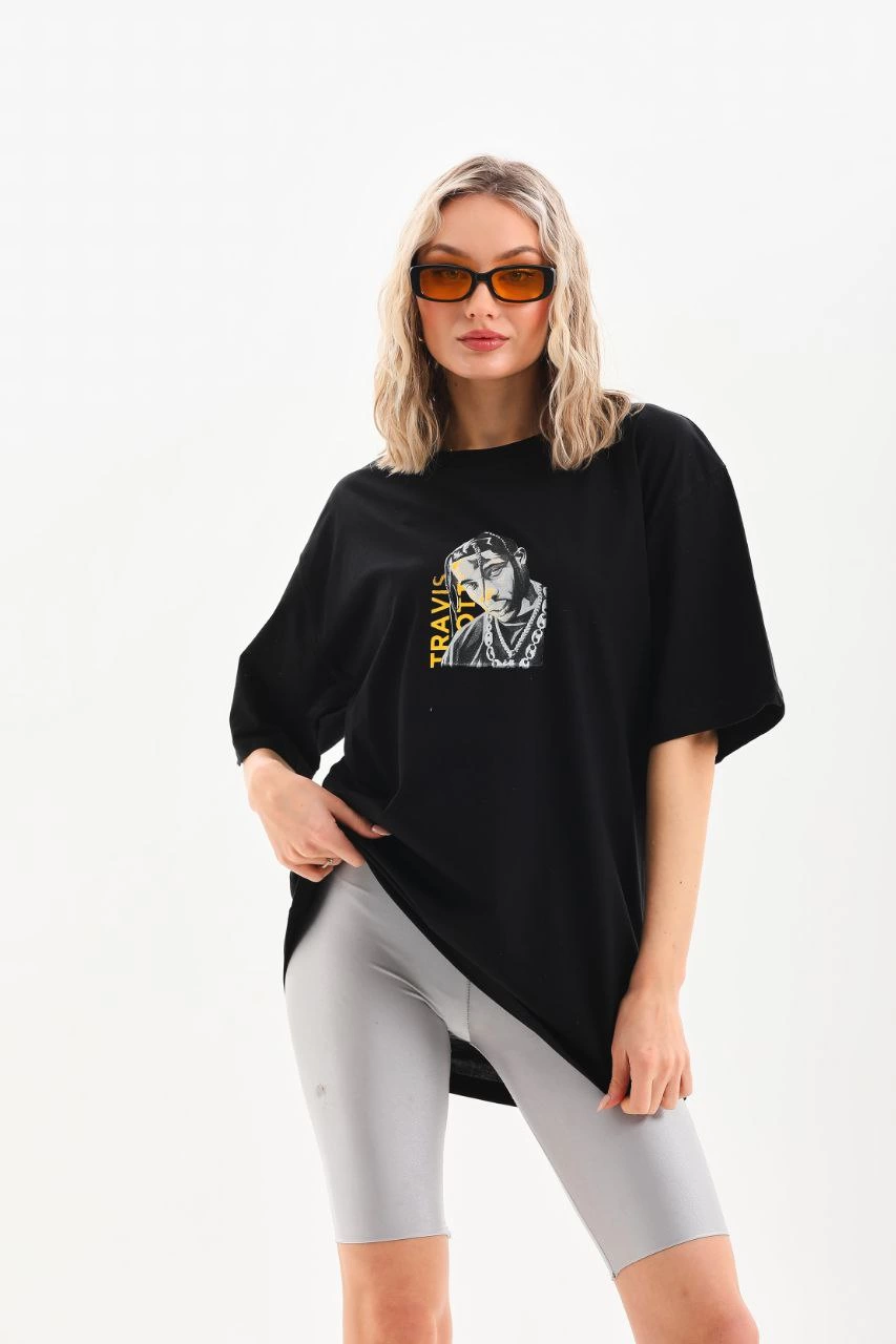 Kadın Baskılı T-Shirt Kısa Kol Bisiklet Yaka Oversize Rahat Kalıp Günlük Tişört - Siyah