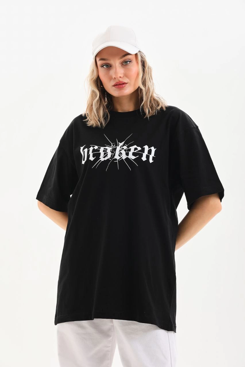 Kadın Kısa Kol Yazlık Tişört Bisiklet Yaka Baskılı Oversize T-Shirt - Siyah