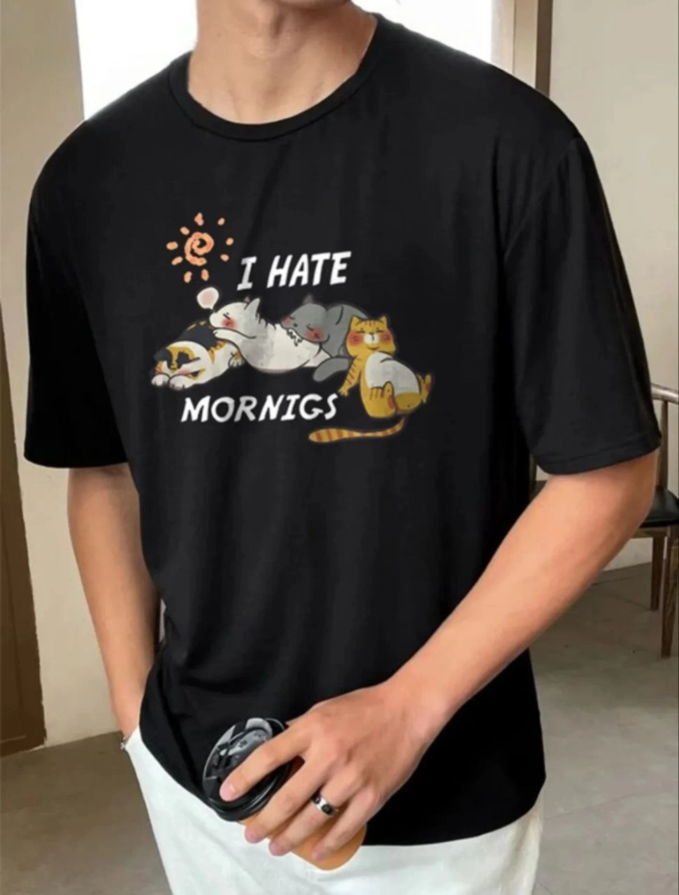 Erkek Baskılı T-Shirt Kısa Kol Bisiklet Yaka Regular Fit Rahat Kalıp Günlük Tişört - Siyah