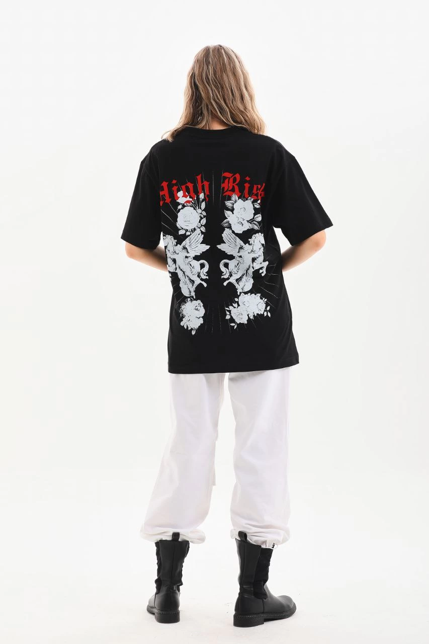Kadın Kısa Kol Yazlık Tişört Bisiklet Yaka Baskılı Oversize T-Shirt - Siyah