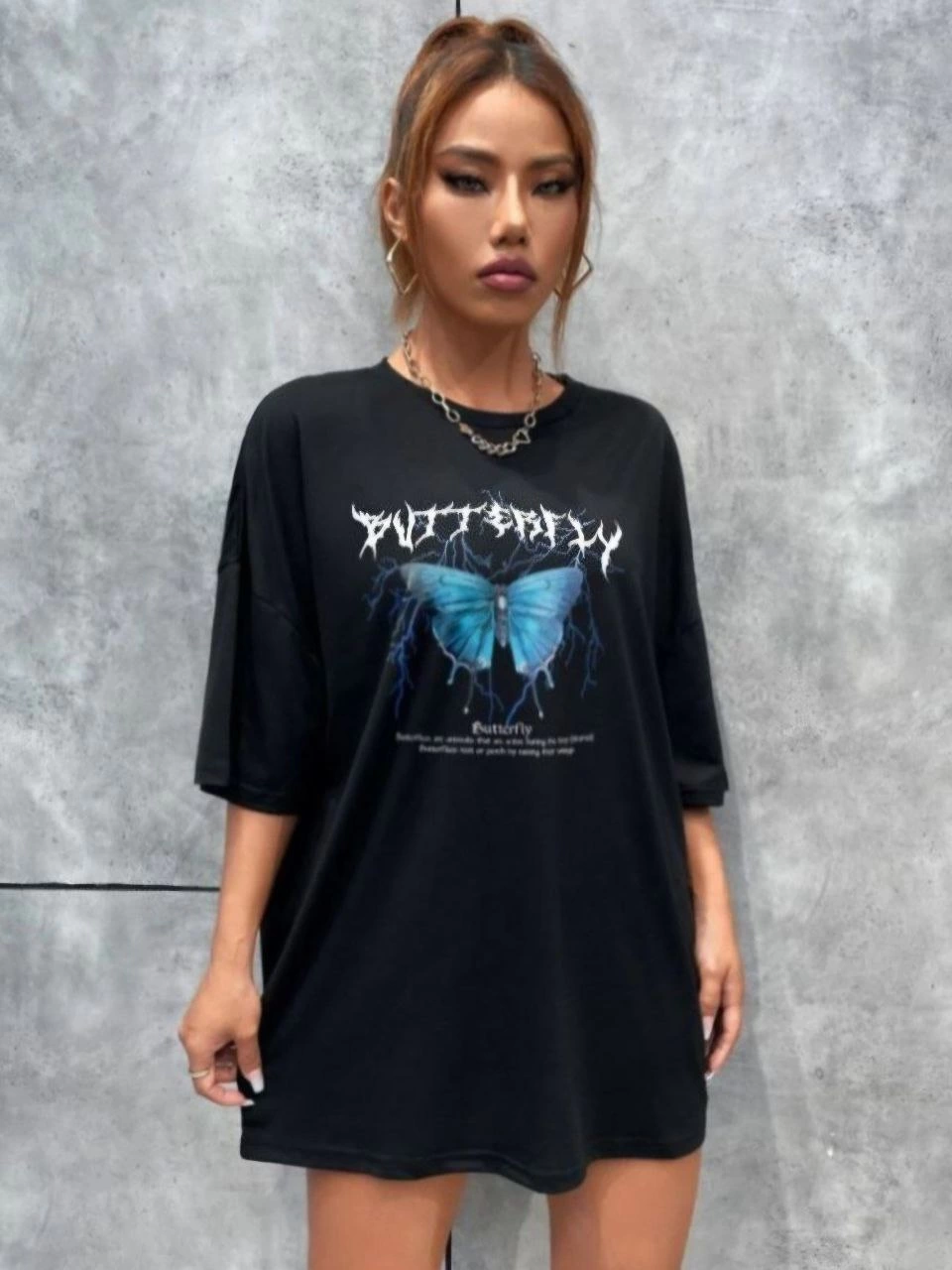 Kadın kelebek Baskılı Oversize kısa kol T-Shirt - Siyah