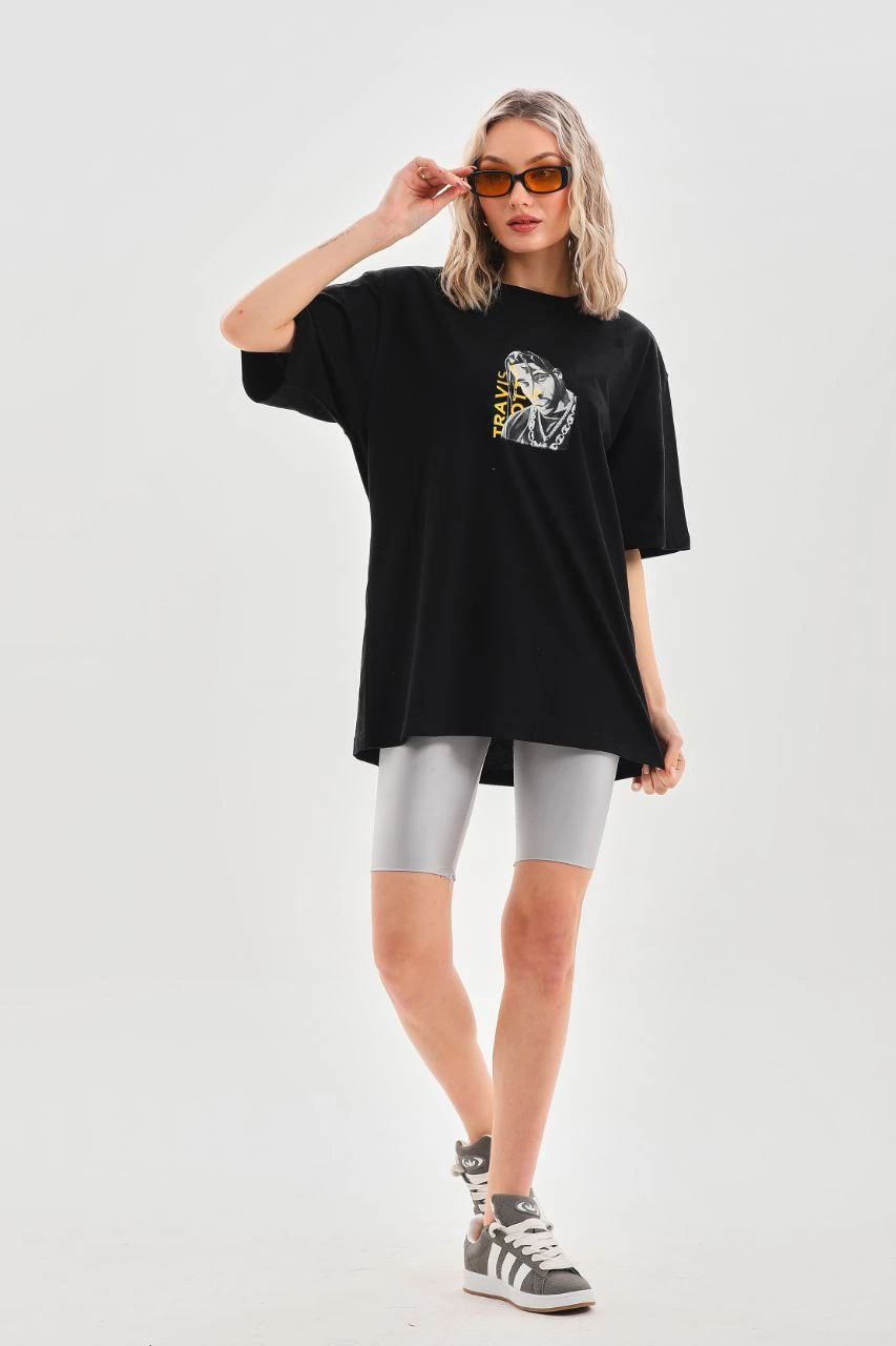Kadın Baskılı T-Shirt Kısa Kol Bisiklet Yaka Oversize Rahat Kalıp Günlük Tişört - Siyah