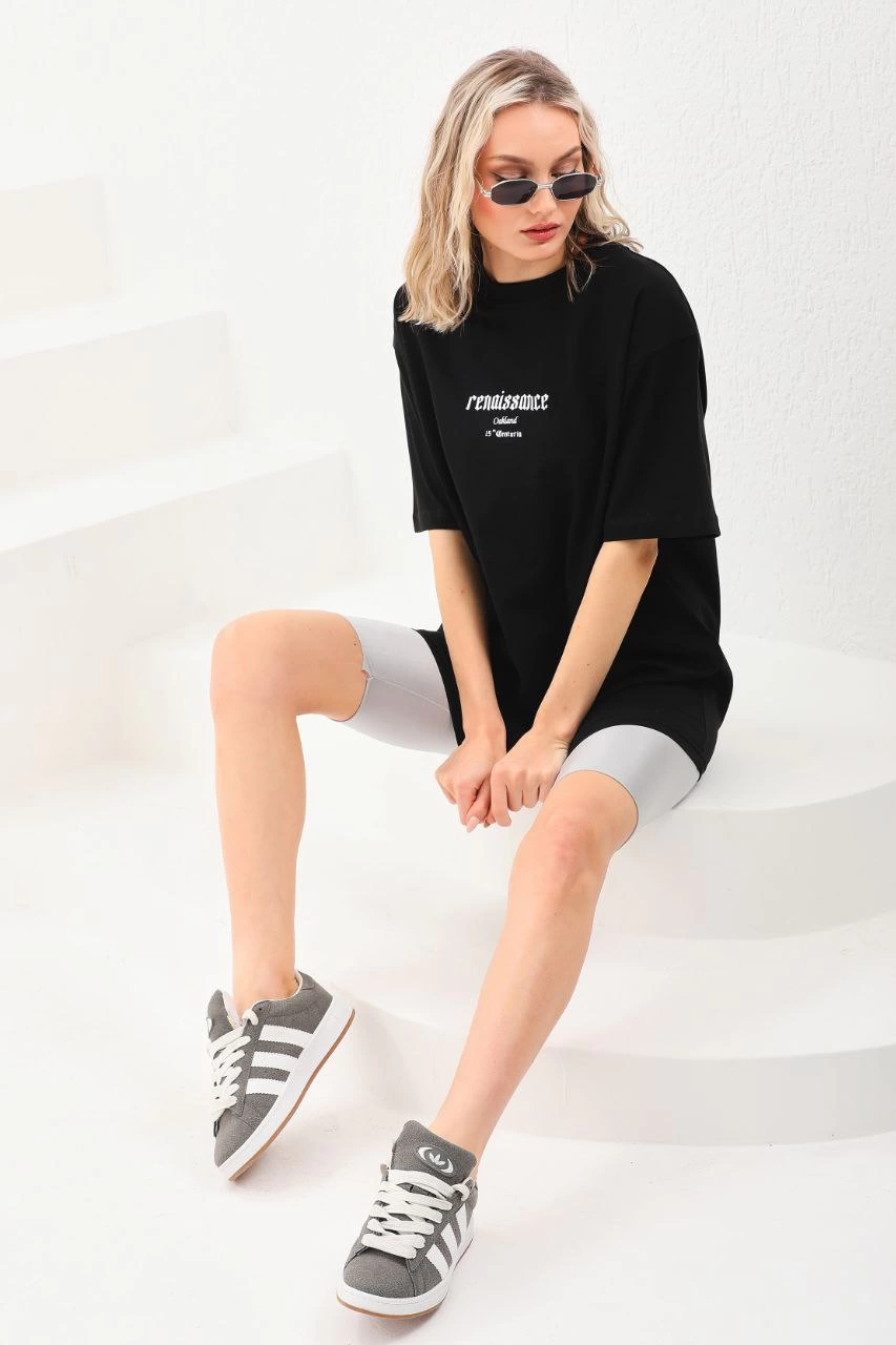 Kadın Baskılı Oversize Kısa kol  T-Shirt - Siyah