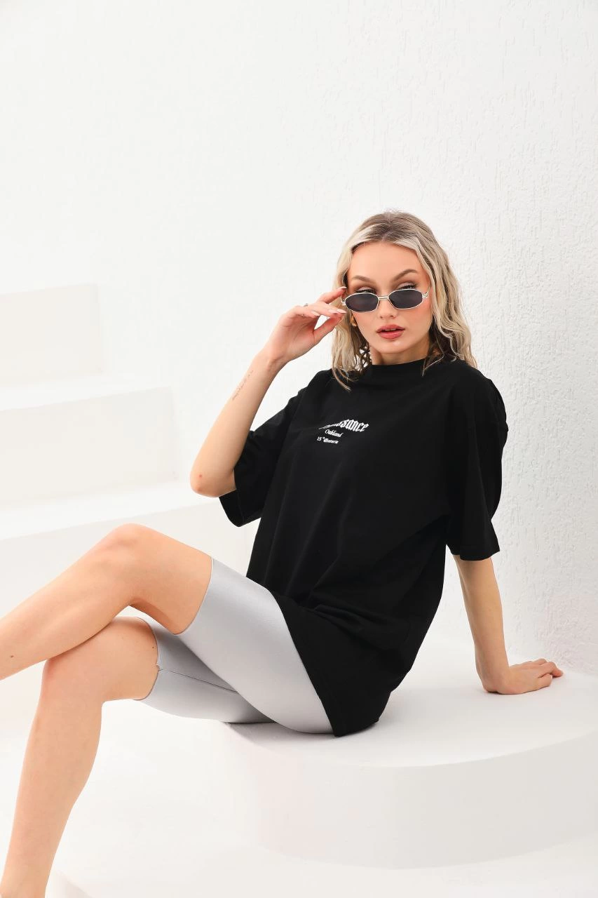Kadın Baskılı Oversize Kısa kol  T-Shirt - Siyah