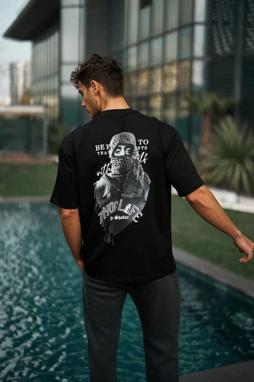 Erkek Kısa Kol Tişört Bisiklet Yaka Filistin Poşulu Baskılı T-Shirt - Siyah