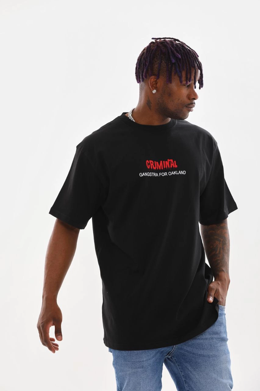 Erkek Baskılı T-Shirt Kısa Kol Bisiklet Yaka Rahat Kalıp Tişört - Siyah
