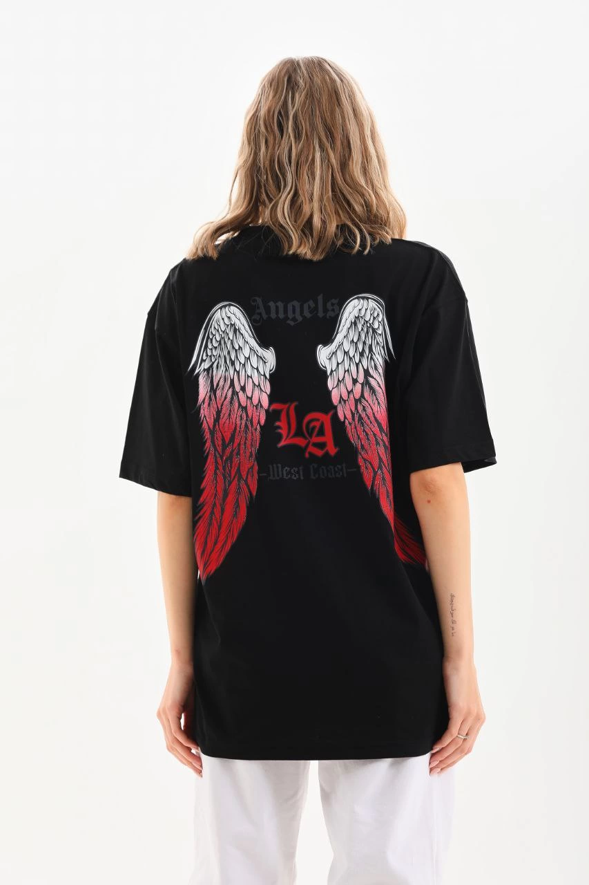 Kadın Baskılı Tişört Kısa Kol Bisiklet Yaka Oversize T-Shirt - Siyah