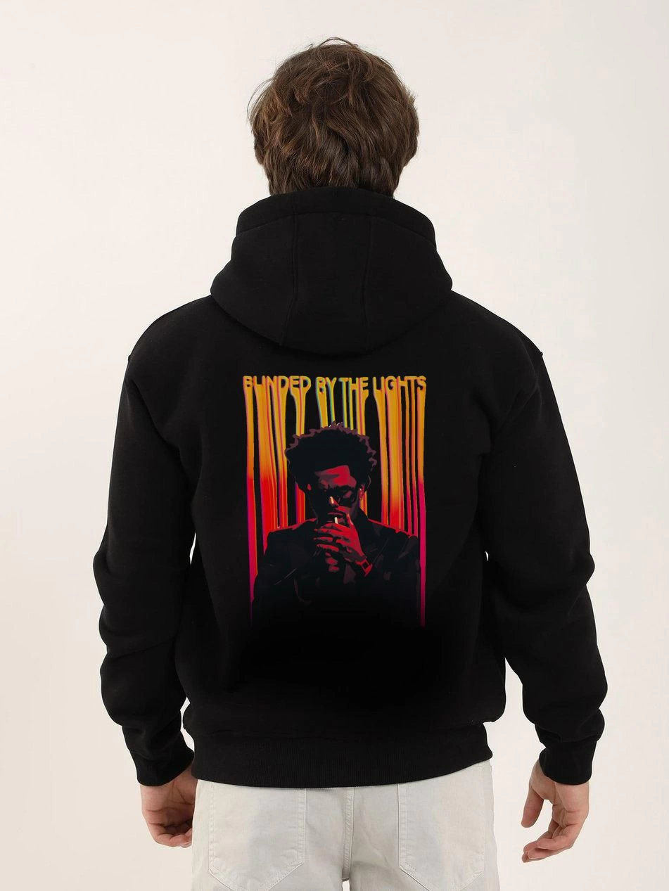 Erkek 3 İplik Pamuklu Kapüşonlu Baskılı Cepli Oversize Sweatshirt Hoodie - Siyah