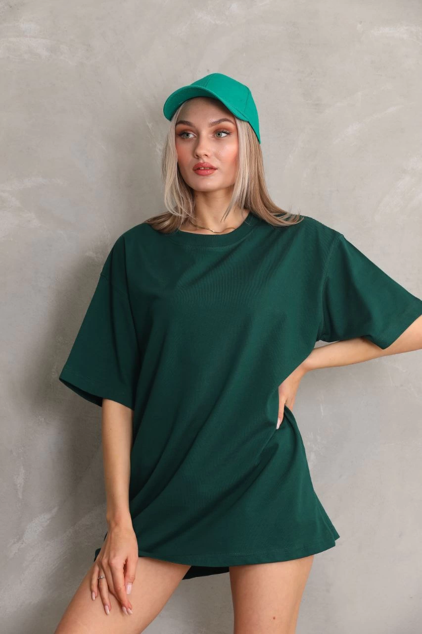Kadın Düz  Kısa kol Penye T-shirt- Yeşil