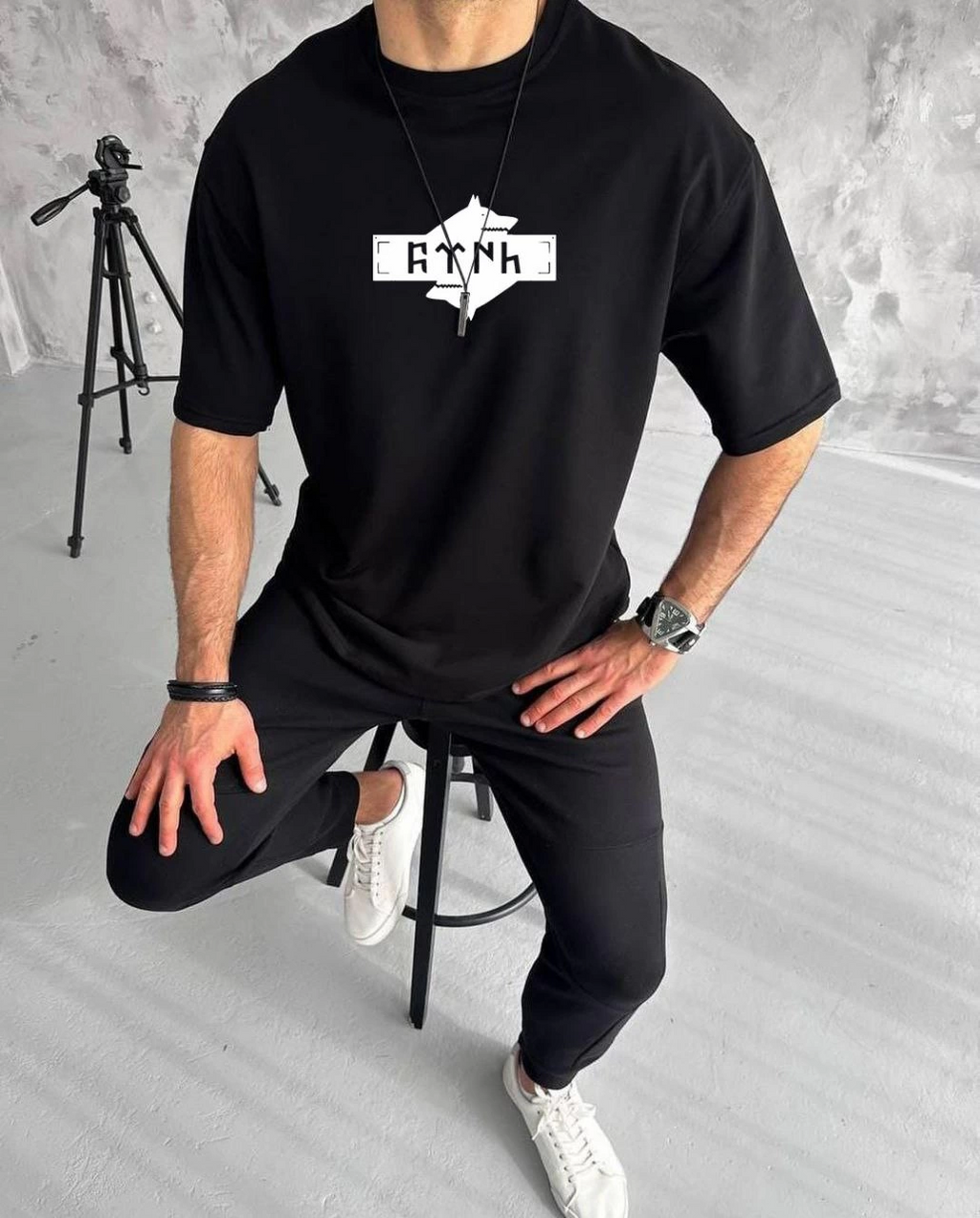 Erkek Kısa Kol Yazlık Tişört Bisiklet Yaka Baskılı Oversize T-Shirt - Siyah