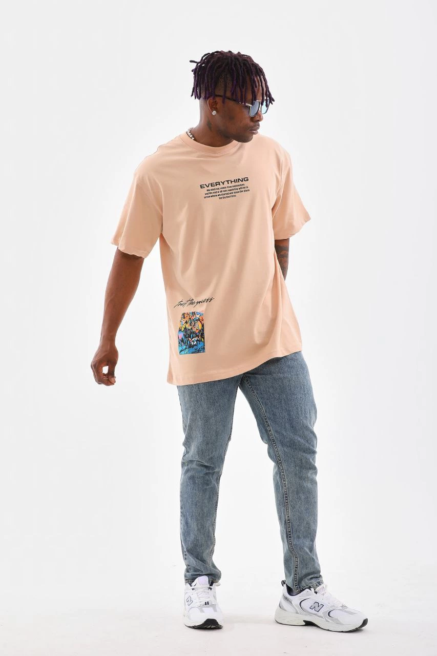 Erkek  Bisiklet Yaka Baskılı Oversize T-Shirt - Bej