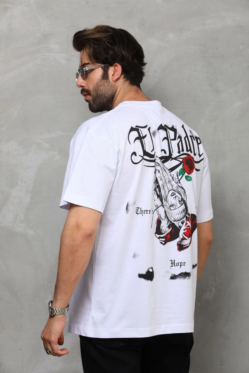 Erkek Kısa Kol Yazlık Tişört Bisiklet Yaka Baskılı Oversize T-Shirt - Beyaz