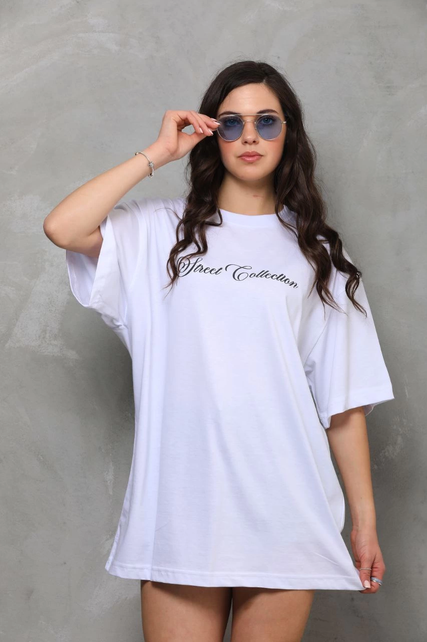 Kadın Baskılı T-Shirt Kısa Kol Bisiklet Yaka Oversize Rahat Kalıp Günlük Tişört - Beyaz