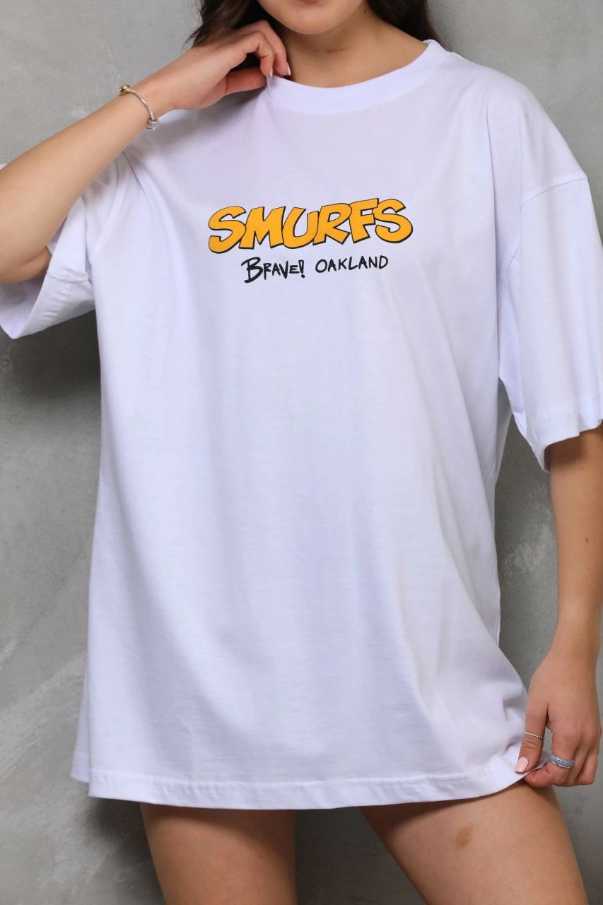 kadın Bisiklet Yaka Baskılı Oversize T-Shirt - Beyaz