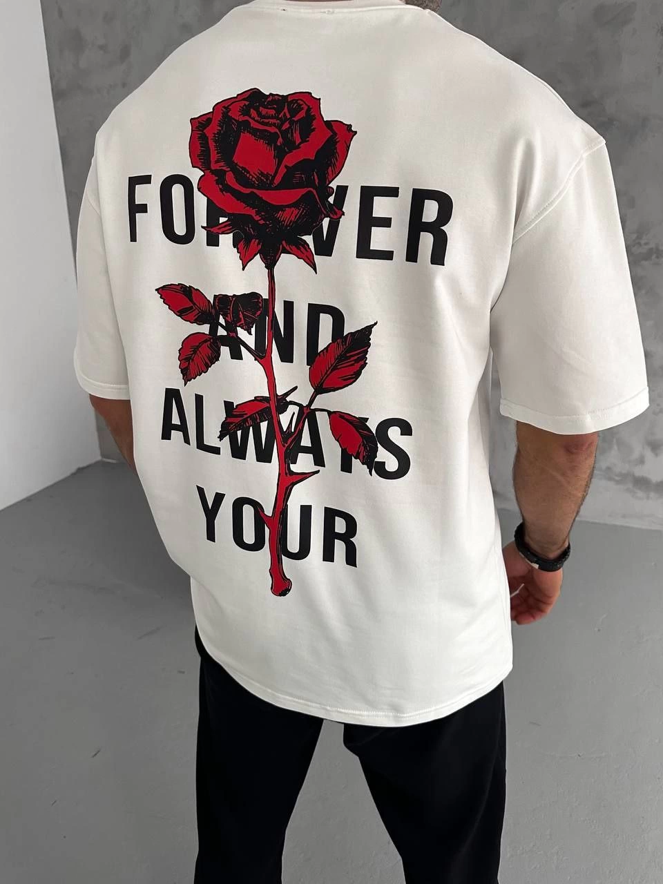 Erkek Kısa Kol Tişört Bisiklet Yaka GÜL Baskılı Oversize T-Shirt - Beyaz