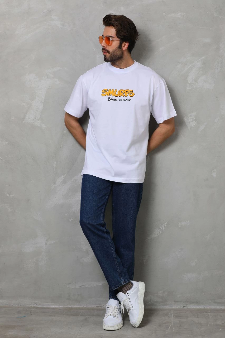 Erkek Kısa Kol Yazlık Tişört Bisiklet Yaka Baskılı Oversize T-Shirt - Beyaz