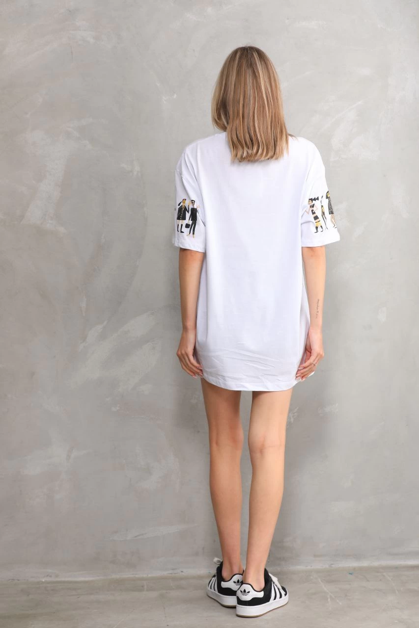 kadın Bisiklet Yaka Baskılı Oversize T-Shirt - Beyaz