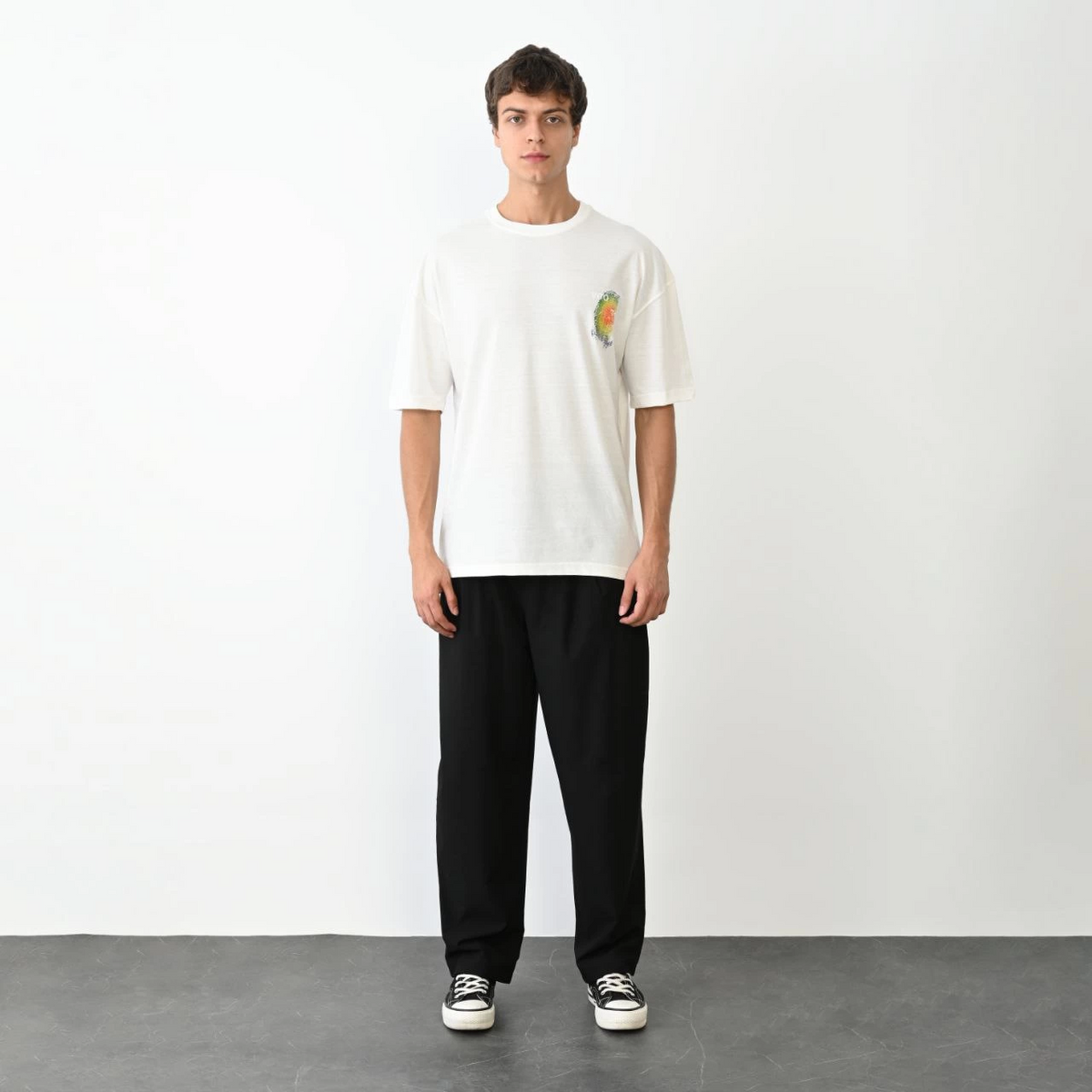 Erkek Kısa Kol Yazlık Tişört Bisiklet Yaka Baskılı Oversize T-Shirt - Beyaz