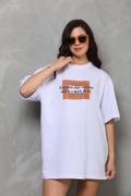 Kadın Baskılı T-Shirt Kısa Kol Bisiklet Yaka Oversize Rahat Kalıp Tişört - Beyaz