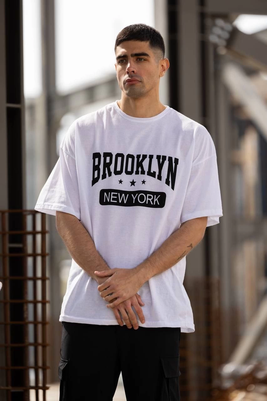 Erkek Kısa Kol Yazlık Tişört Bisiklet Yaka Baskılı Oversize T-Shirt - Beyaz