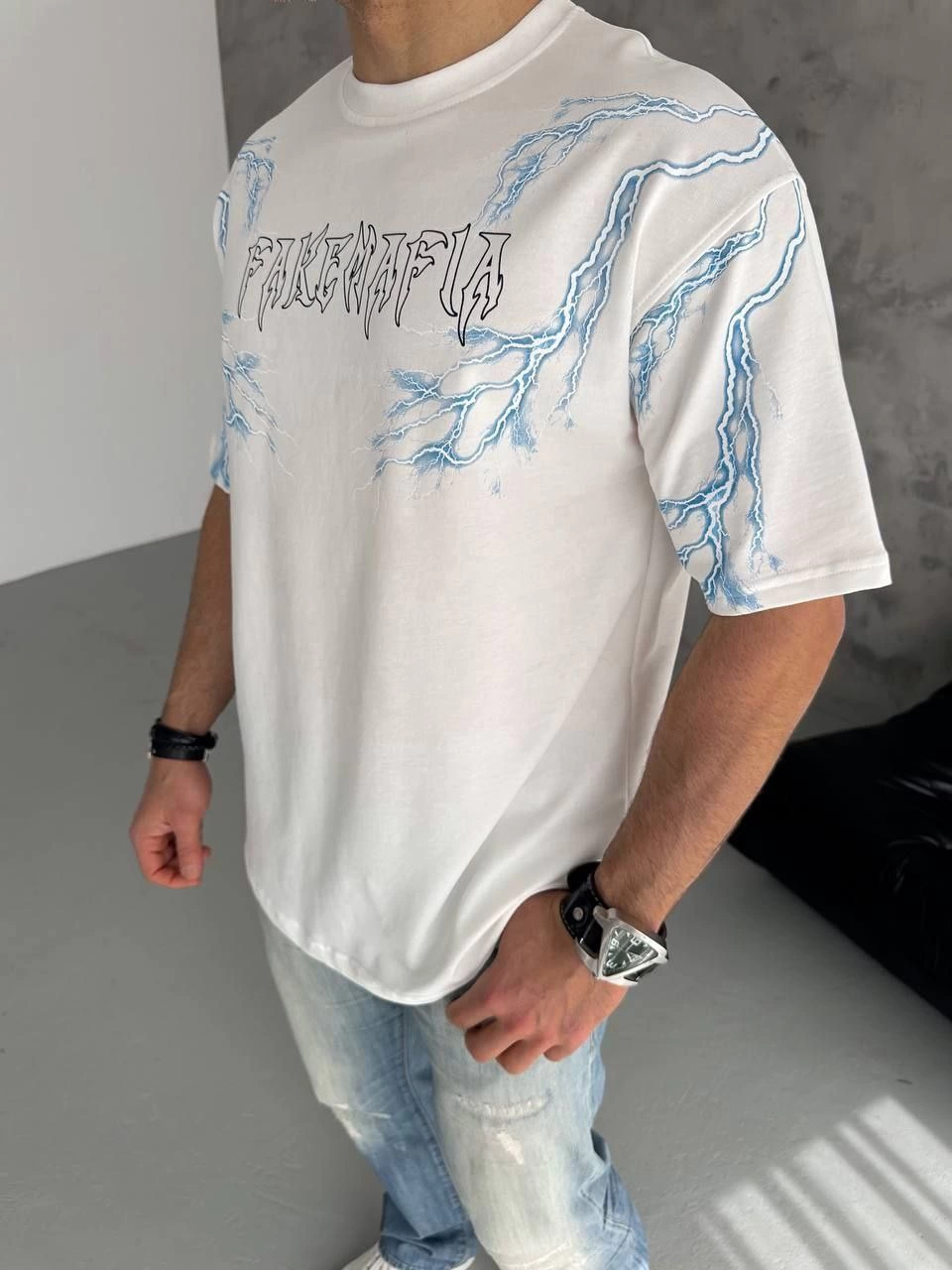Erkek Bisiklet Yaka Yıldırım Baskılı  Kısa kol T-Shirt - Beyaz