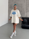 Kadın Kısa Kol Yazlık Tişört Bisiklet Yaka Baskılı Oversize T-Shirt - Beyaz