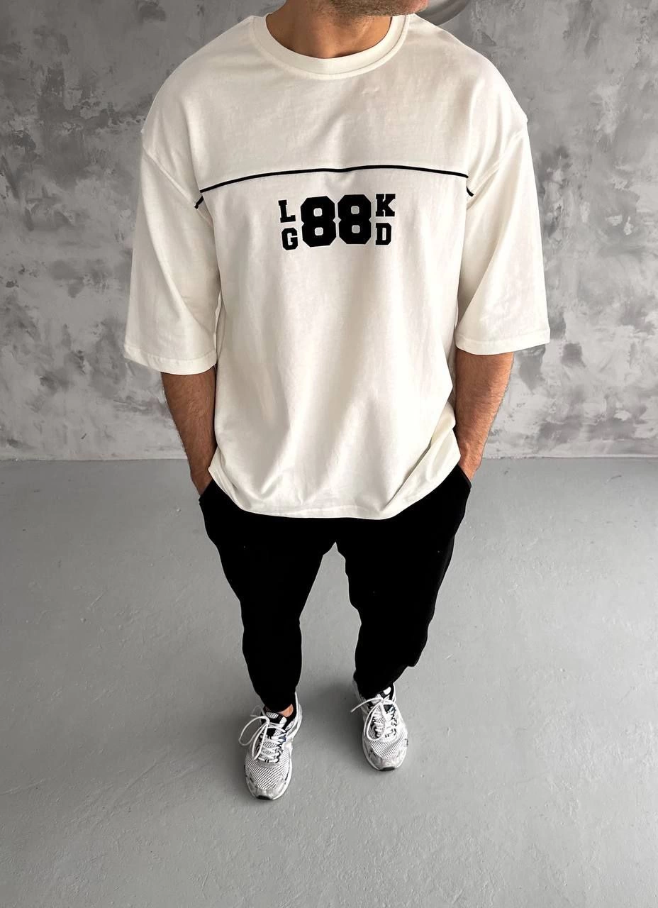 Erkek Kısa Kol Yazlık Tişört Bisiklet Yaka Baskılı Oversize T-Shirt - Beyaz