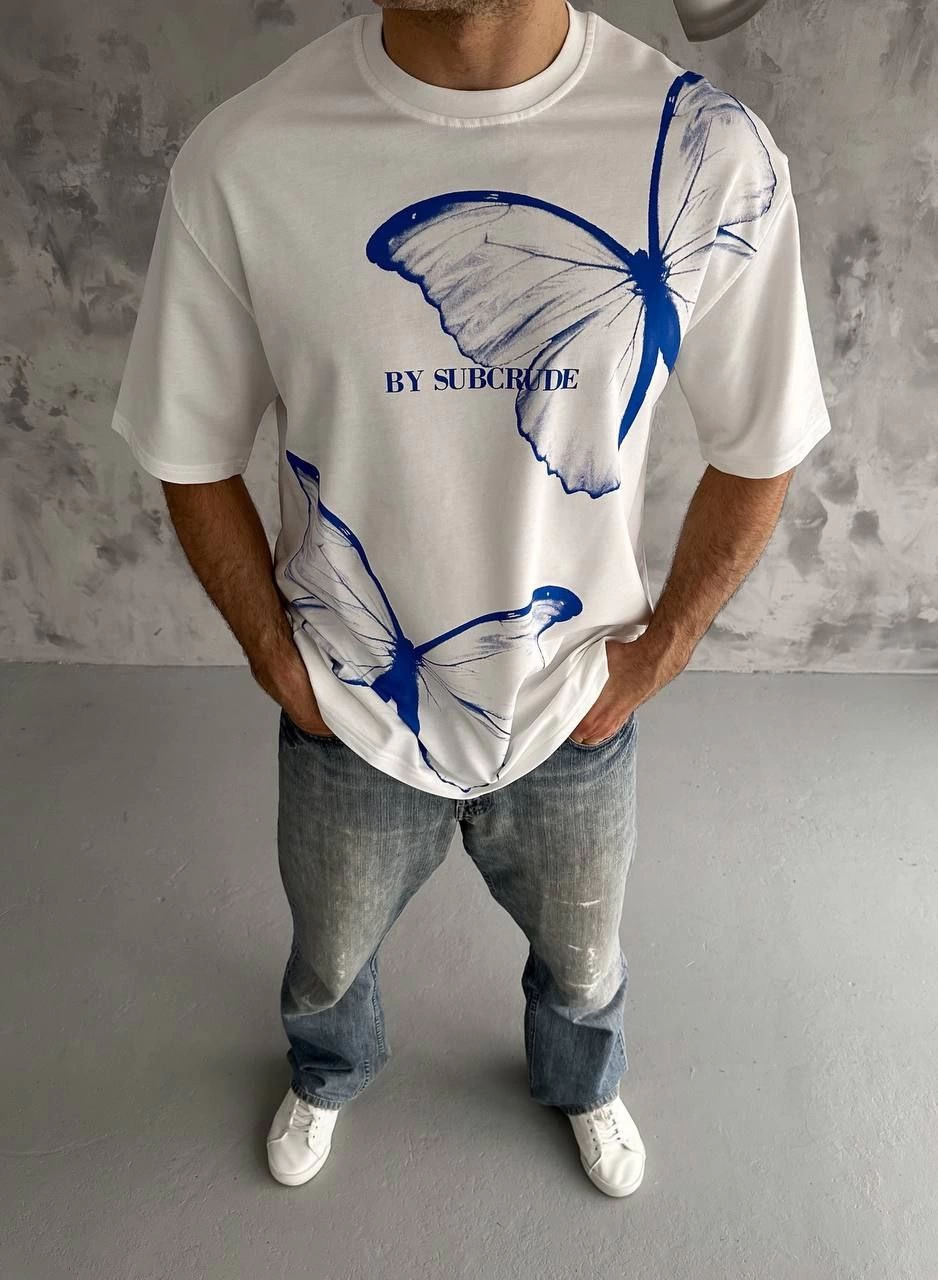 Erkek Kısa Kol Yazlık Tişört Bisiklet Yaka Baskılı Oversize T-Shirt - Beyaz