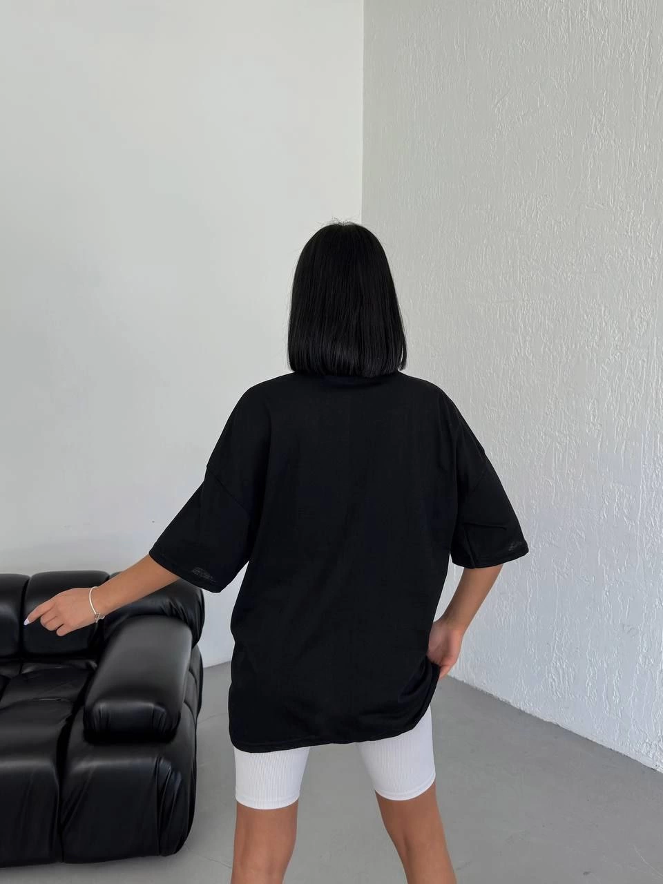 Kadın Baskılı T-Shirt Kısa Kol Bisiklet Yaka Oversize Tişört - Siyah