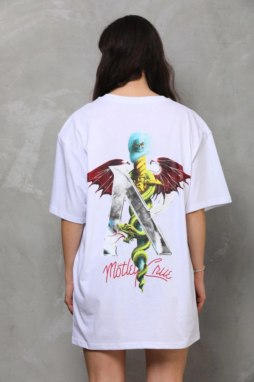 Kadın Baskılı T-Shirt Kısa Kol Bisiklet Yaka Regular Fit Rahat Kalıp Günlük Tişört - Beyaz