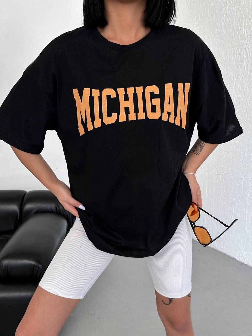 Kadın Baskılı T-Shirt Kısa Kol Bisiklet Yaka Oversize Tişört - Siyah