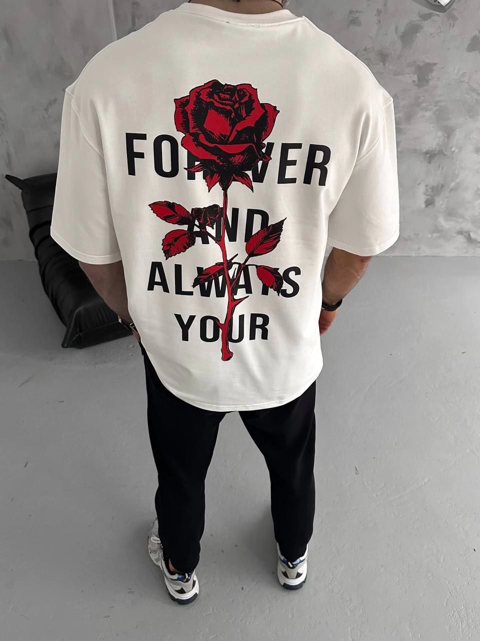 Erkek Kısa Kol Tişört Bisiklet Yaka GÜL Baskılı Oversize T-Shirt - Beyaz