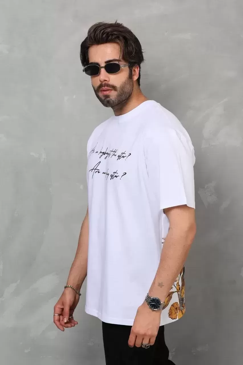Erkek Kısa Kol Yazlık Tişört Bisiklet Yaka Baskılı Oversize T-Shirt - Beyaz