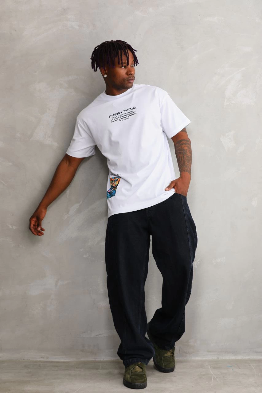 Erkek Bisiklet Yaka Baskılı Oversize T-Shirt - Beyaz