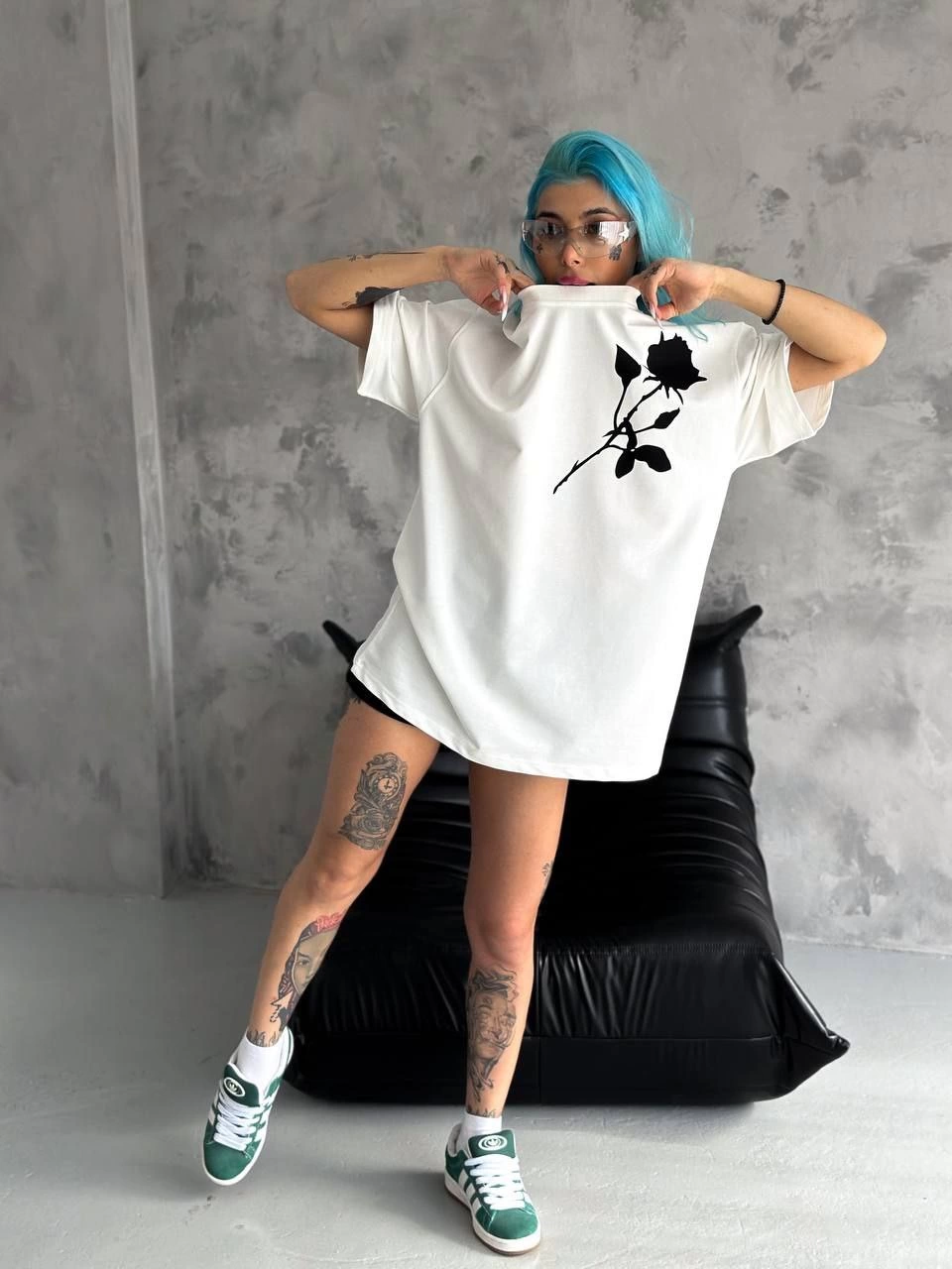 kadın Bisiklet Yaka Baskılı Oversize  Kısa kol T-Shirt - Beyaz