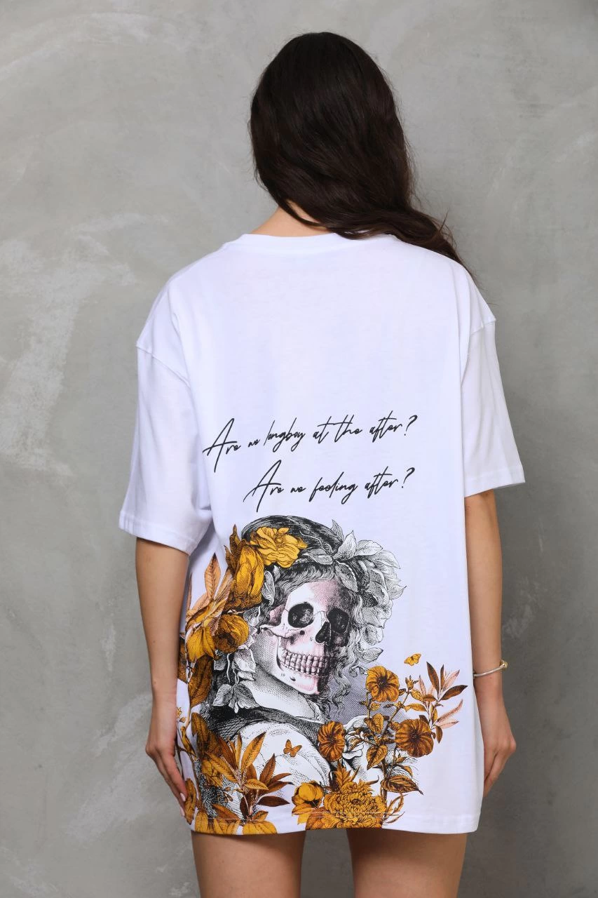 Kadın Kısa Kol Yazlık Tişört Bisiklet Yaka Baskılı Oversize T-Shirt - Beyaz