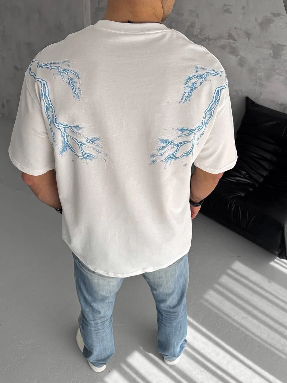 Erkek Bisiklet Yaka Tişört Yıldırım Şimşek Baskılı Kısa Kol T-Shirt - Beyaz