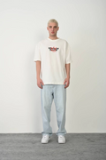 Erkek Kısa Kol Yazlık Tişört Bisiklet Yaka Baskılı Oversize T-Shirt - Beyaz