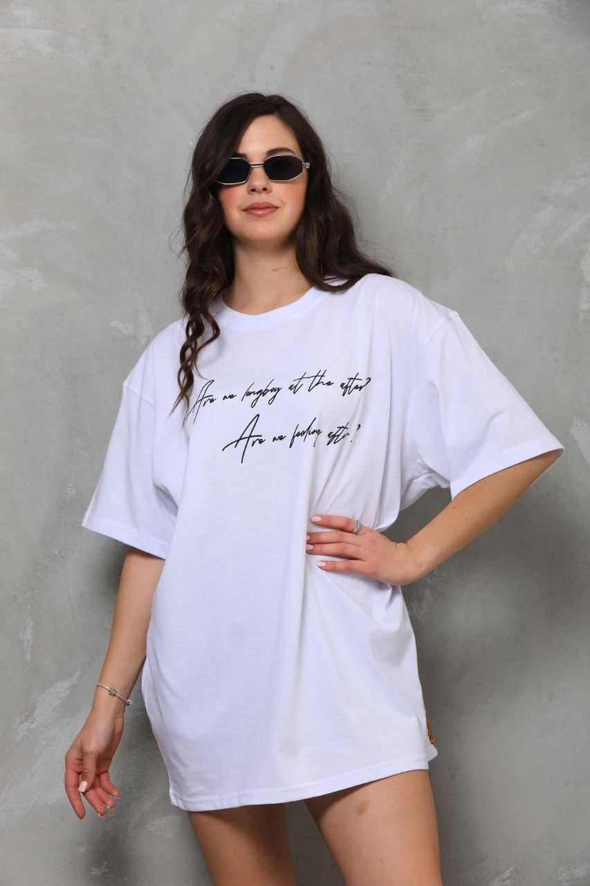 Kadın Kısa Kol Yazlık Tişört Bisiklet Yaka Baskılı Oversize T-Shirt - Beyaz