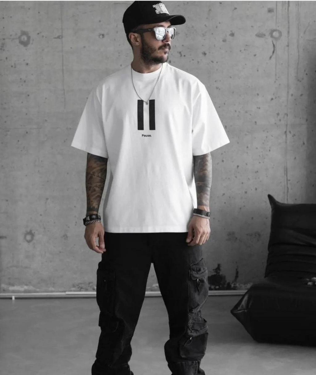 Erkek Kısa Kol Yazlık Tişört Bisiklet Yaka Baskılı Oversize T-Shirt - Beyaz
